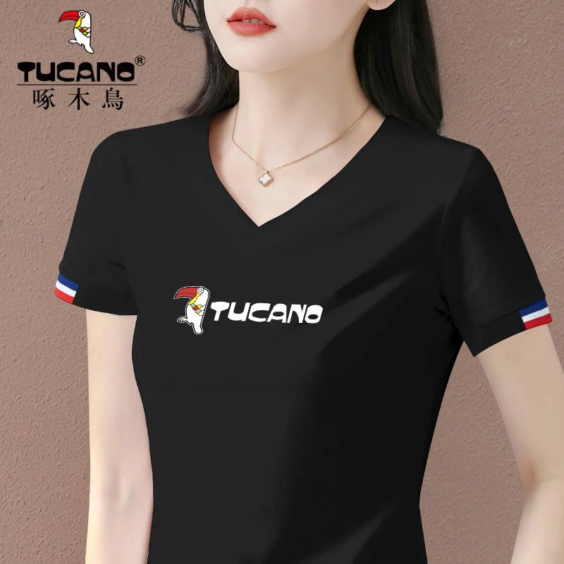 啄木鸟正品2025新款夏季短袖百搭潮insV领t恤女洋气减龄印花上衣