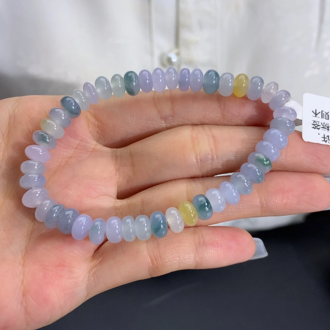 翡翠未镶嵌手串卡7冰胶蓝紫飘花鼓珠手串