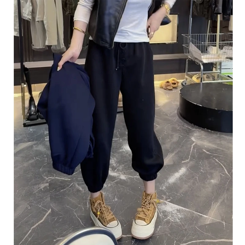 萱贝纯网红时尚运动休闲裤子女2025秋冬新款显瘦九分抽绳束脚卫裤