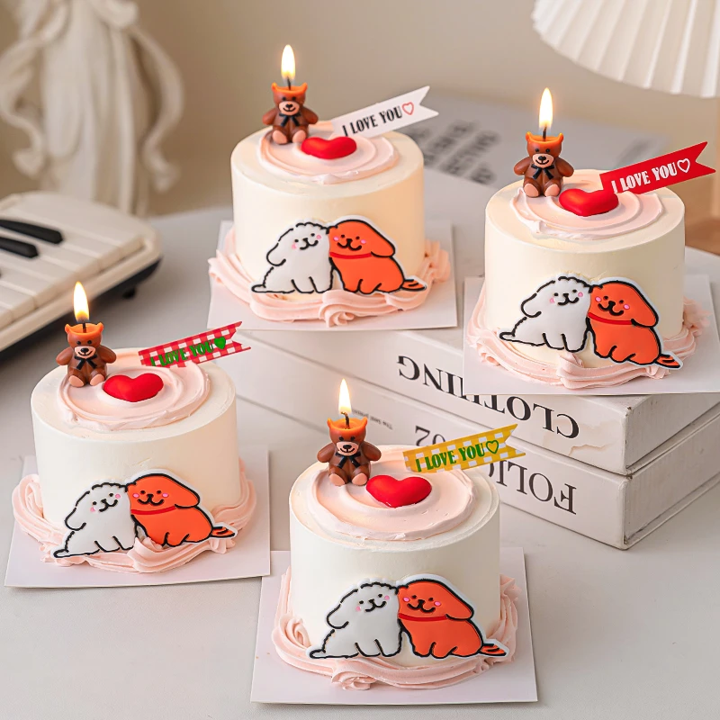 七夕情人节小熊蜡烛蛋糕装饰线条贴贴狗软胶摆件情侣表白小旗装扮