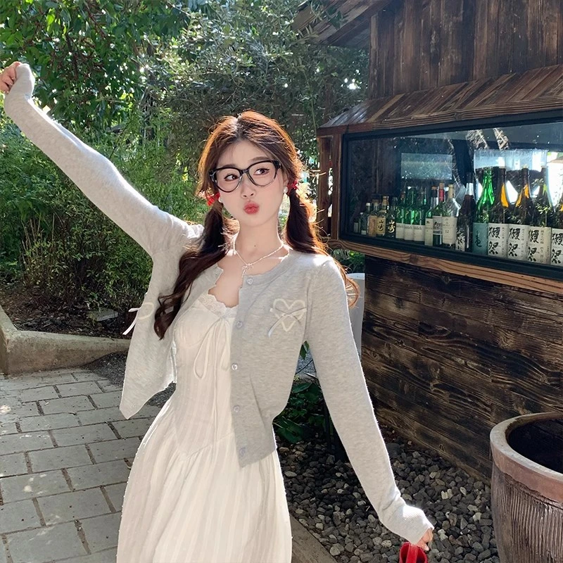 开衫配吊带2025新款春秋穿搭法式小香风短款针织外套灰色短款上衣