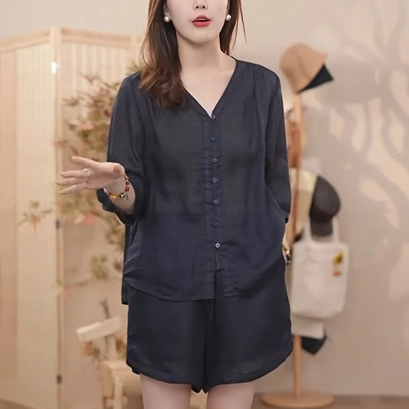 夏季时尚套装女2025新款洋气减龄大码宽松衬衫上衣休闲短裤俩件套