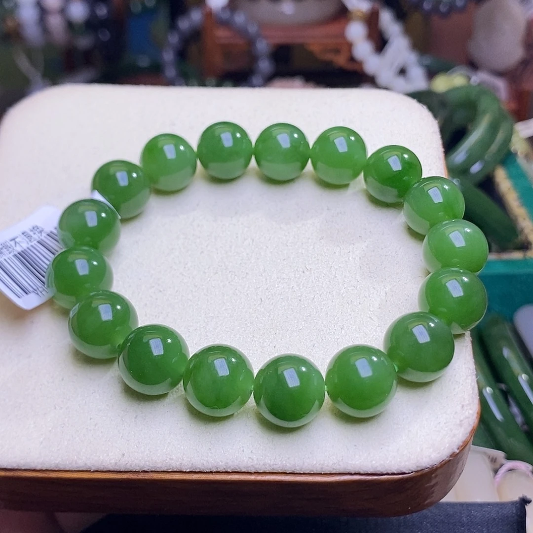 颈饰未镶嵌和田玉精品碧玉阳绿老矿料手串12mm