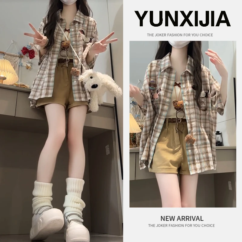 2025初夏搭配一整套女新款韩系百搭吊带格子衬衫显瘦短裤三件套