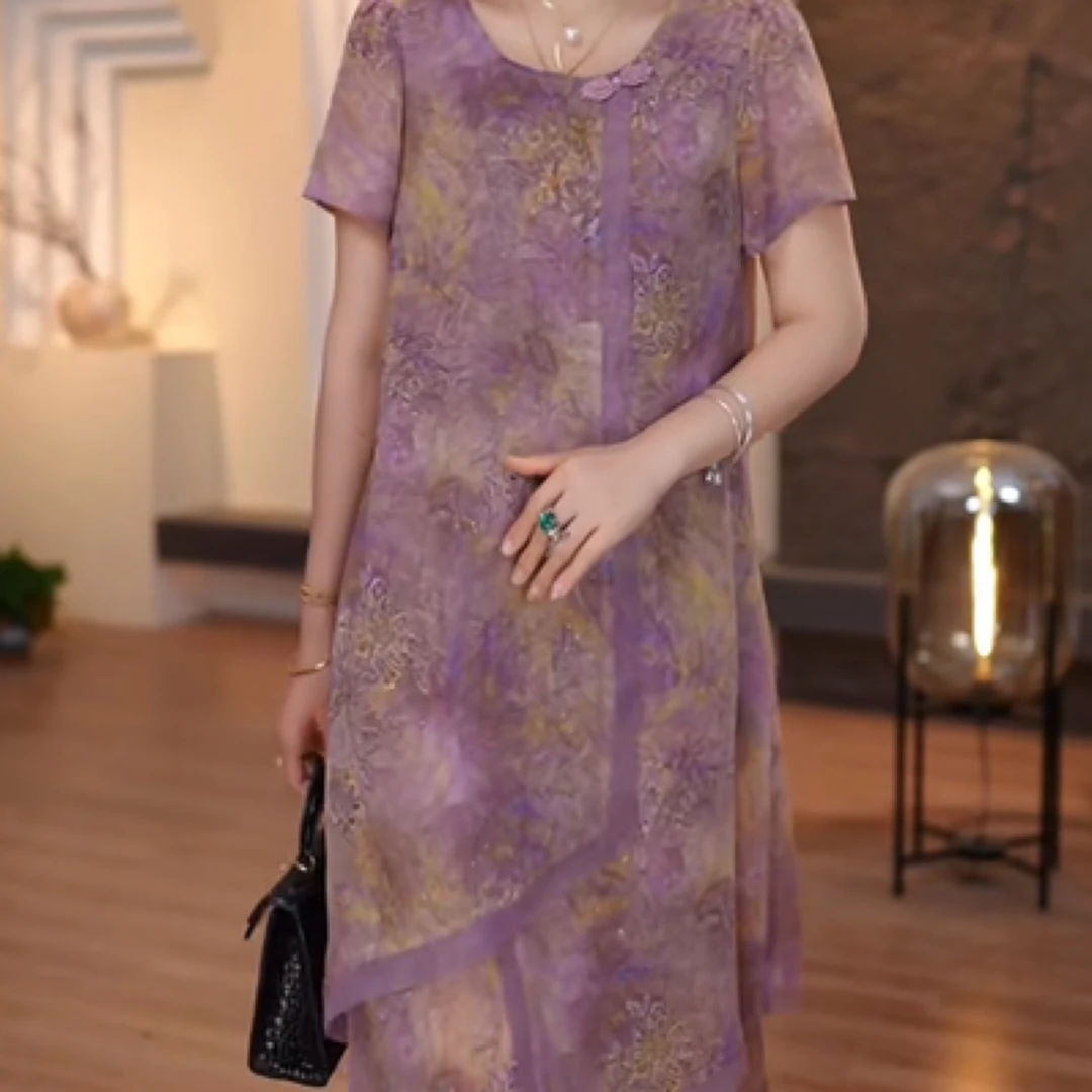 夏季大码宽松短袖印花网纱连衣裙洋气港风气质妈妈裙