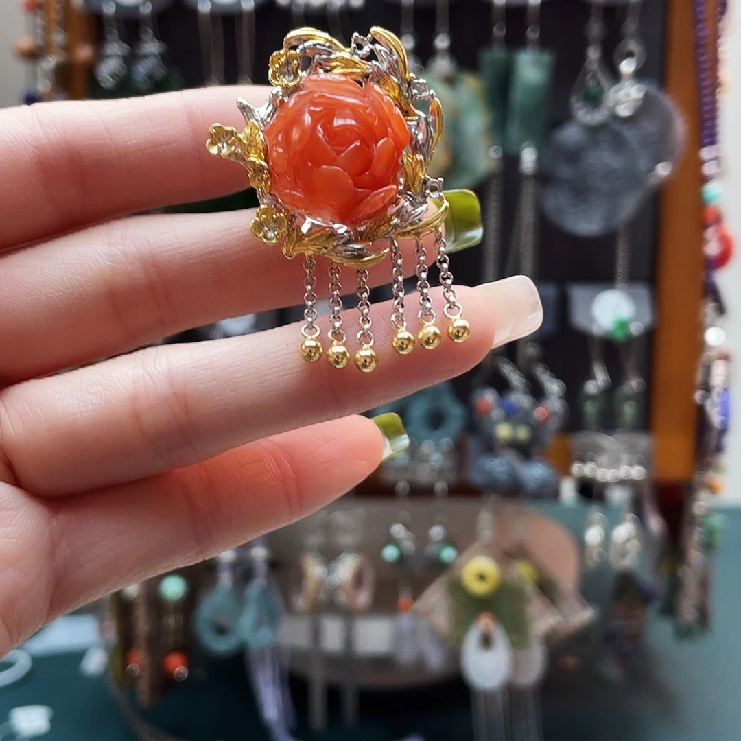 *****南红玛瑙银S925镀金镶嵌戒指饰品