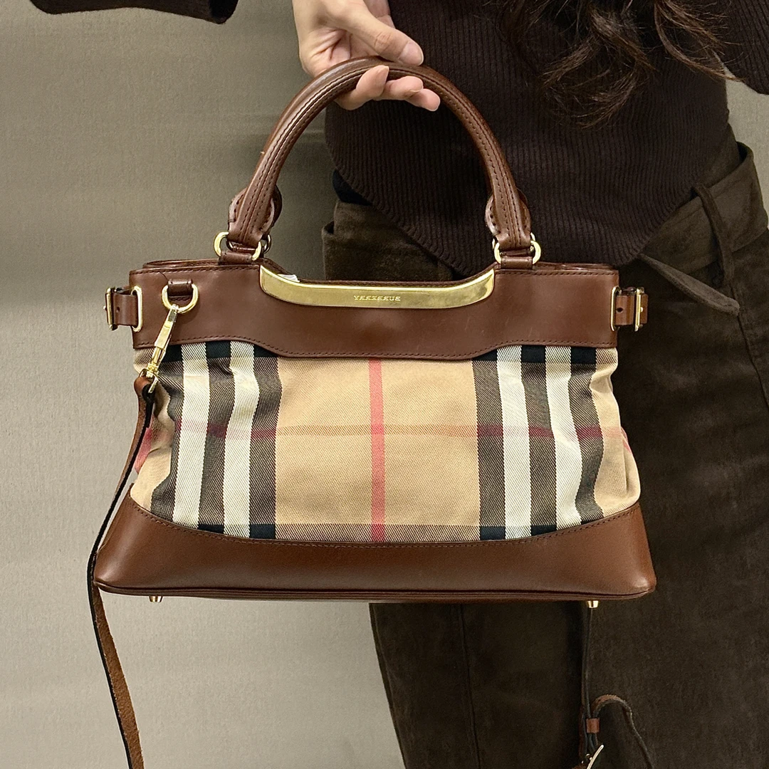 95新 BURBERRY/博柏利 焦糖色经典格纹复古托特包