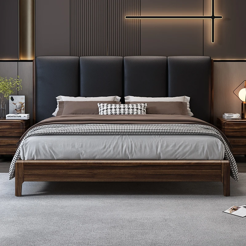 壹木橖现代简约黑胡桃木1.8m婚床双人大床主卧室全青皮靠背床