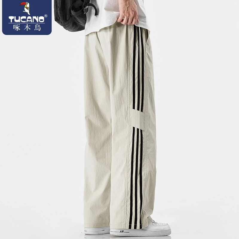 啄木鸟夏季新款直筒休闲裤男款爆款美式潮牌拼接条纹男生阔腿长裤