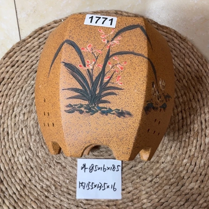 紫砂花盆 新品首发 柴烧兰草彩绘宫灯六方1771