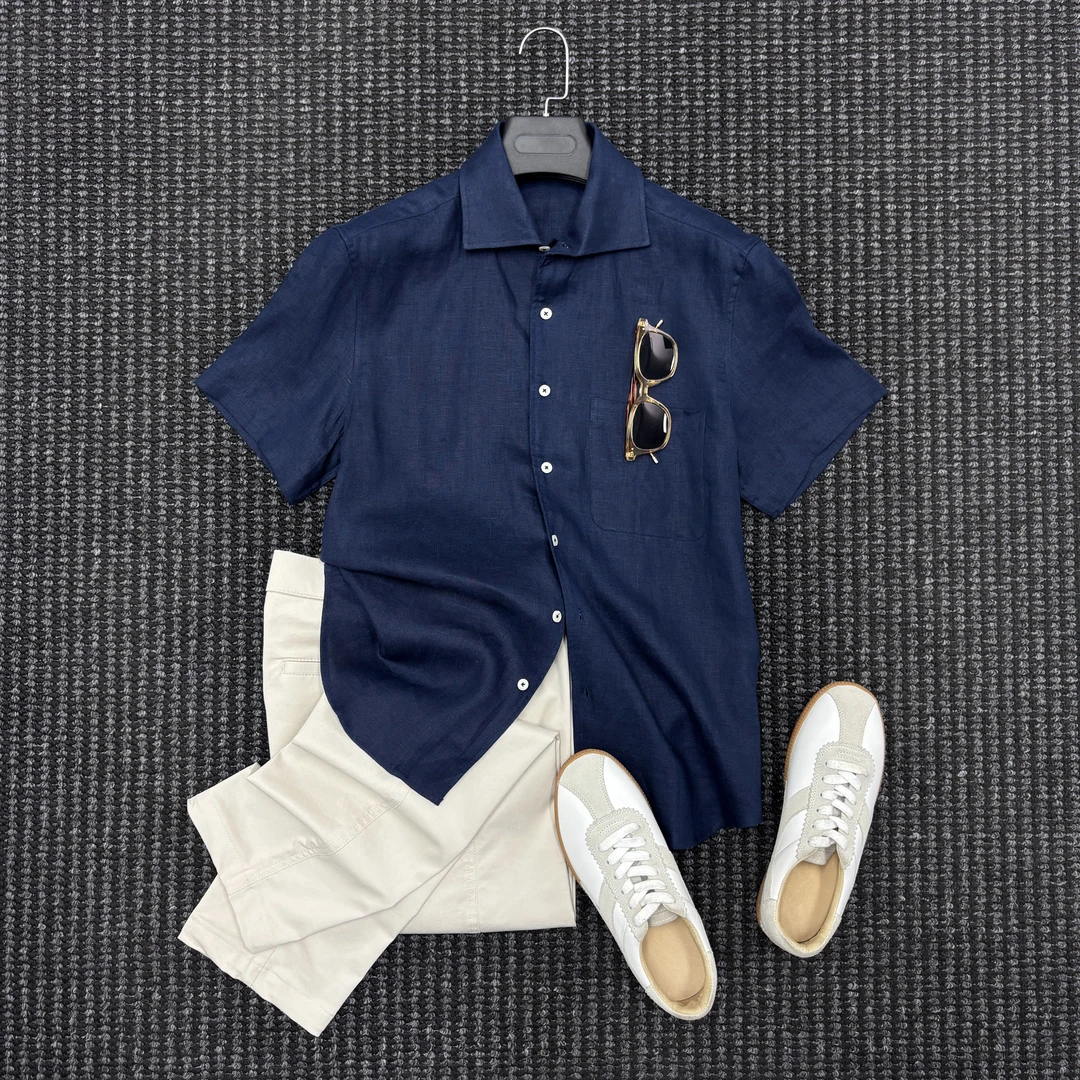 高端夏季透气进口亚麻老钱男士短袖衬衣休闲百搭商务白色衬衫男装