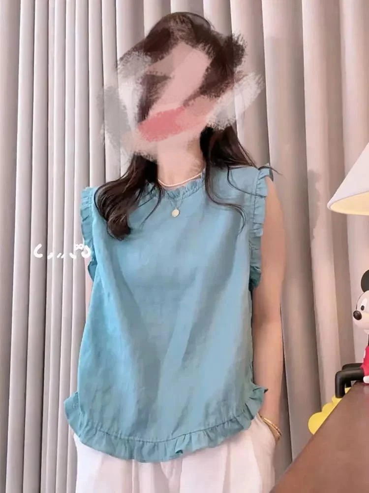 圆领无袖木耳边拼接衬衫2913