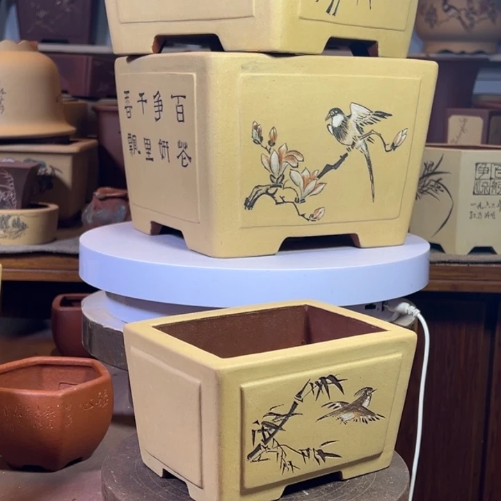 昆***湖紫砂花盆仿古粉浆彩绘一颗印