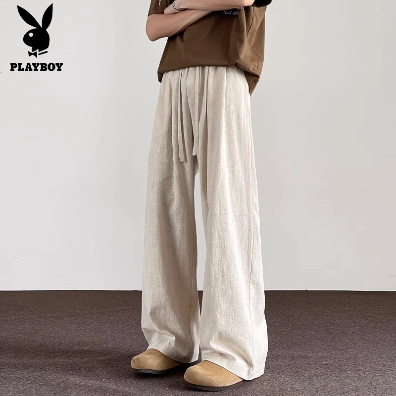 花花公子日式亚麻山本裤子男宽松垂感阔腿裤棉麻夏季直筒休闲男裤