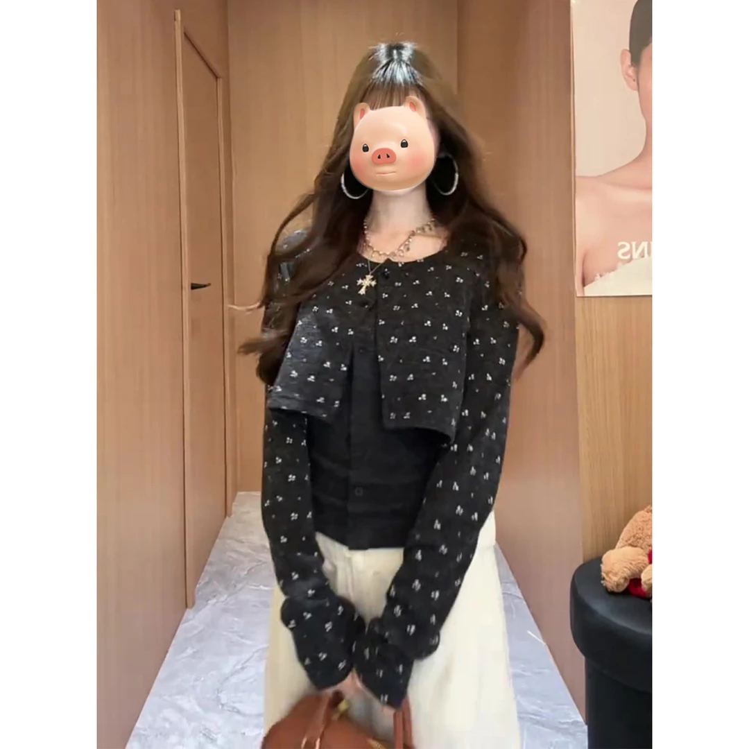 秋日巨好看韩系早秋穿搭一整套碎花针织开衫叠穿背心上衣两件套装