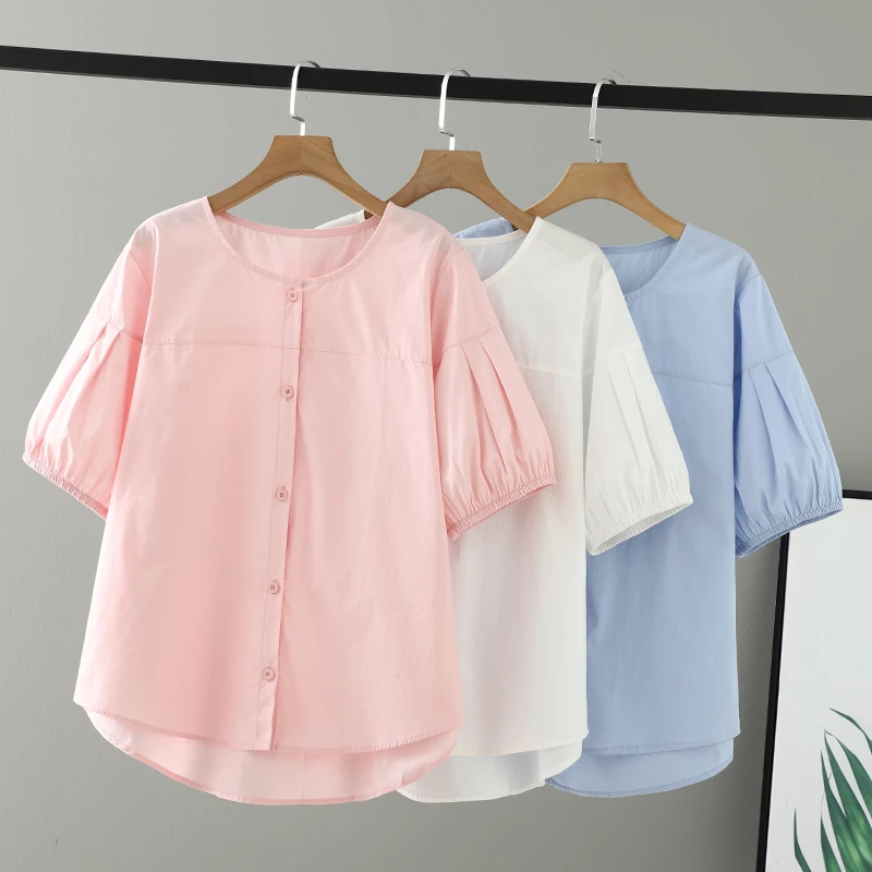 胖mm女装夏装2025大码时髦圆领灯笼袖衬衫女宽松时尚遮肉开衫上衣