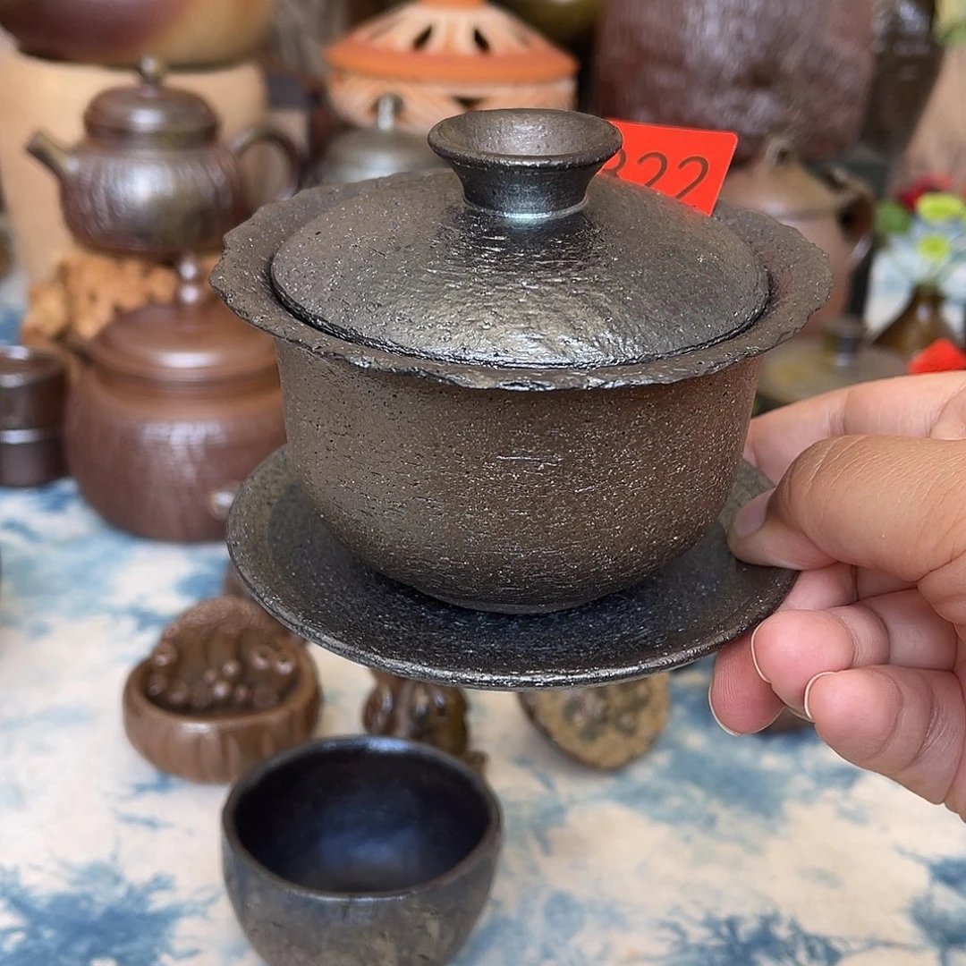 柴烧粗陶开盖烧三才盖碗