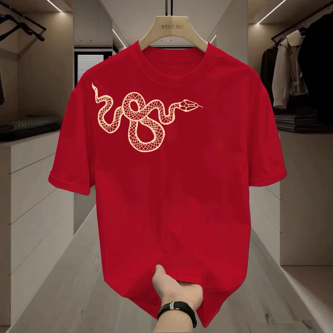 夏季新款时尚蛇印花潮流男士休闲短袖百搭复古上衣宽松街头T恤