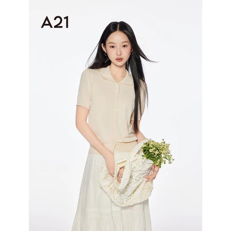 A21女装减龄气质翻领针织衫上衣F452243024