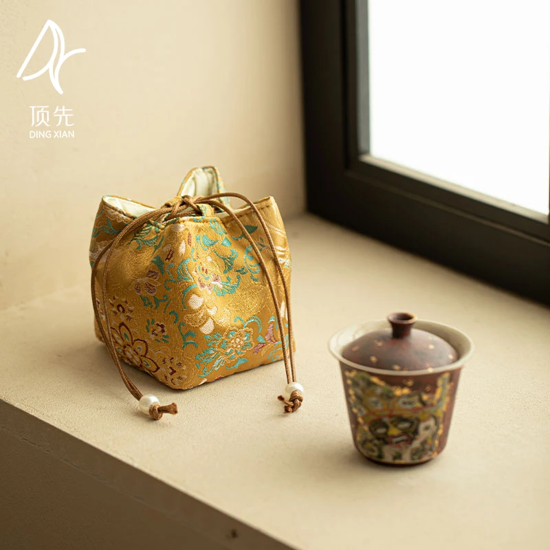 顶先 当代织锦双凤宝相花便携拉绳包茶具收纳包茶道零配 A13633