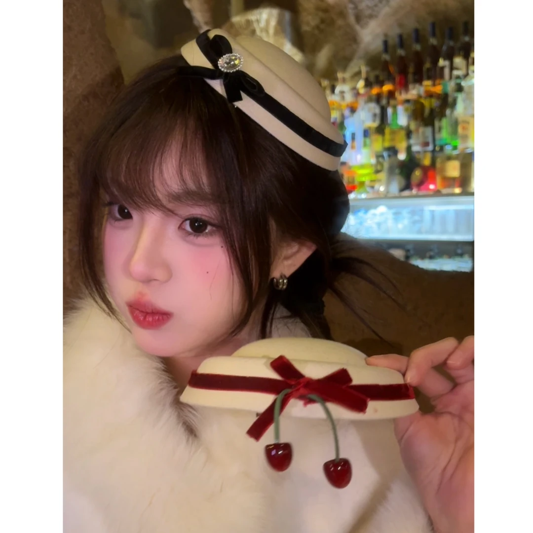 千金樱桃～赫本英伦风丝绒蝴蝶结小礼帽发夹少女学院风白色边夹