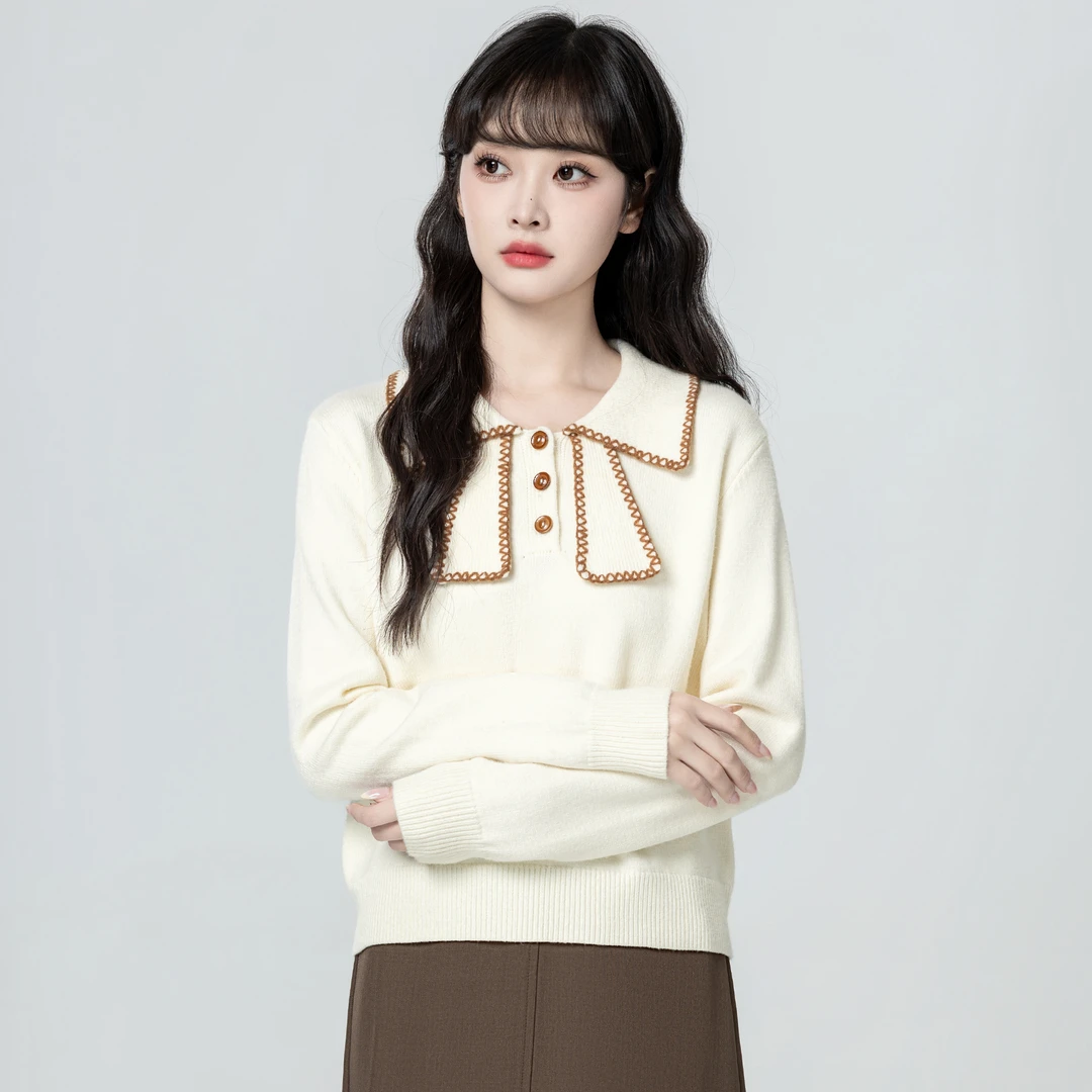 奶杏色翻领毛衣女春秋2025秋季新款设计感撞色针织衫内搭短款上衣