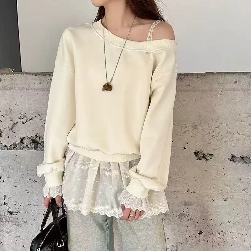 甜美蕾丝吊带斜肩卫衣两件套春季百搭减龄套装