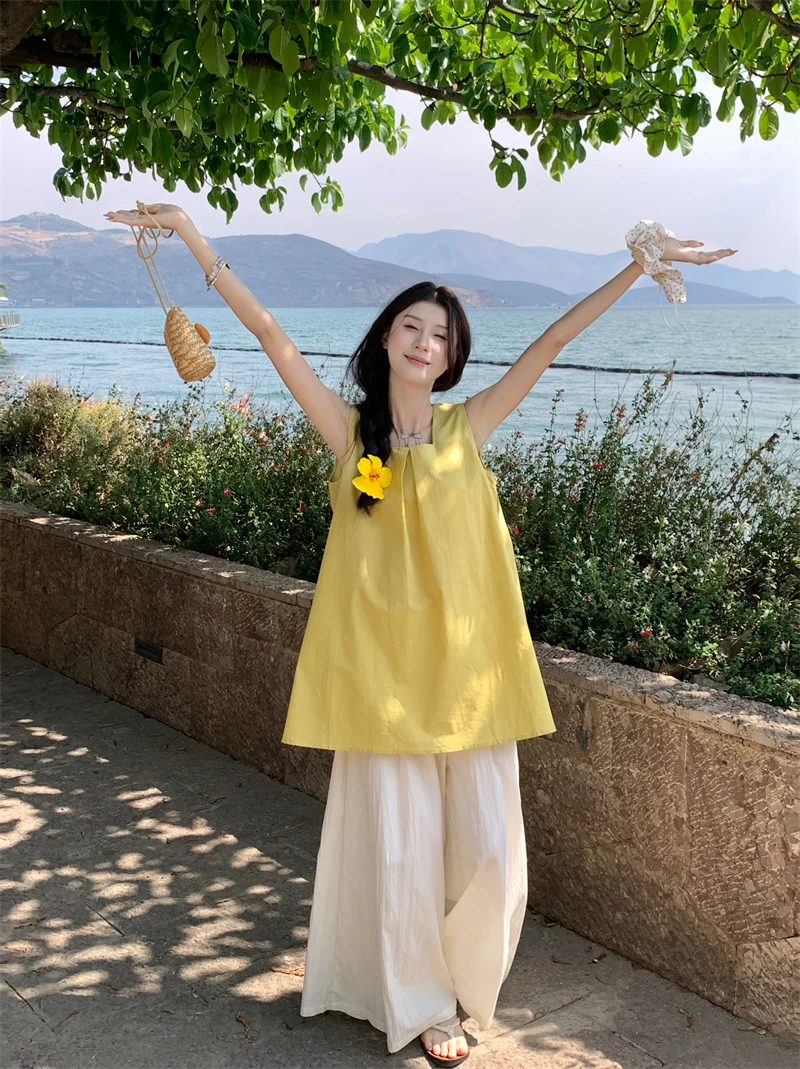 韩系宽松显瘦无袖背心黄色衬衫百搭杏色大摆裤叠穿套装2025夏季女
