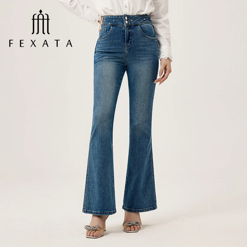 FEXATA斐格思2025秋季新品小众设计感重工烫钻气质微喇叭牛仔裤女