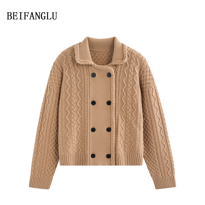 北方鹿 秋冬重磅加厚绵羊毛翻领双排扣针织开衫休闲百搭时尚2825