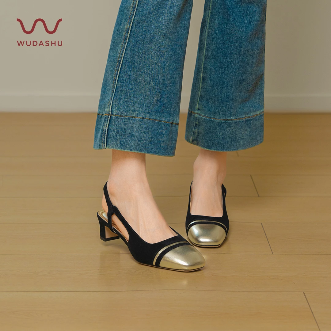 吴大叔气垫缓震红云鞋小香风方头后空粗跟凉鞋百搭浅口高跟鞋