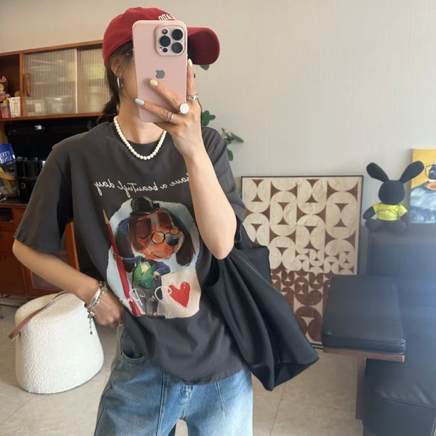 qiqi/琦琦推荐 韩版宽松显瘦卡通图案铅笔小狗图案短袖T恤