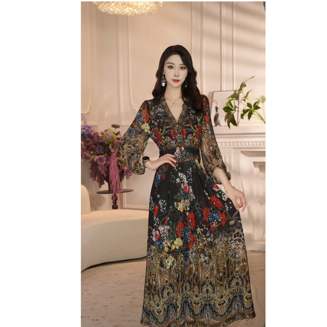 【丝路花城】新26 黑底华丽花纹长裙高腰遮肉显瘦高端贵气连衣裙