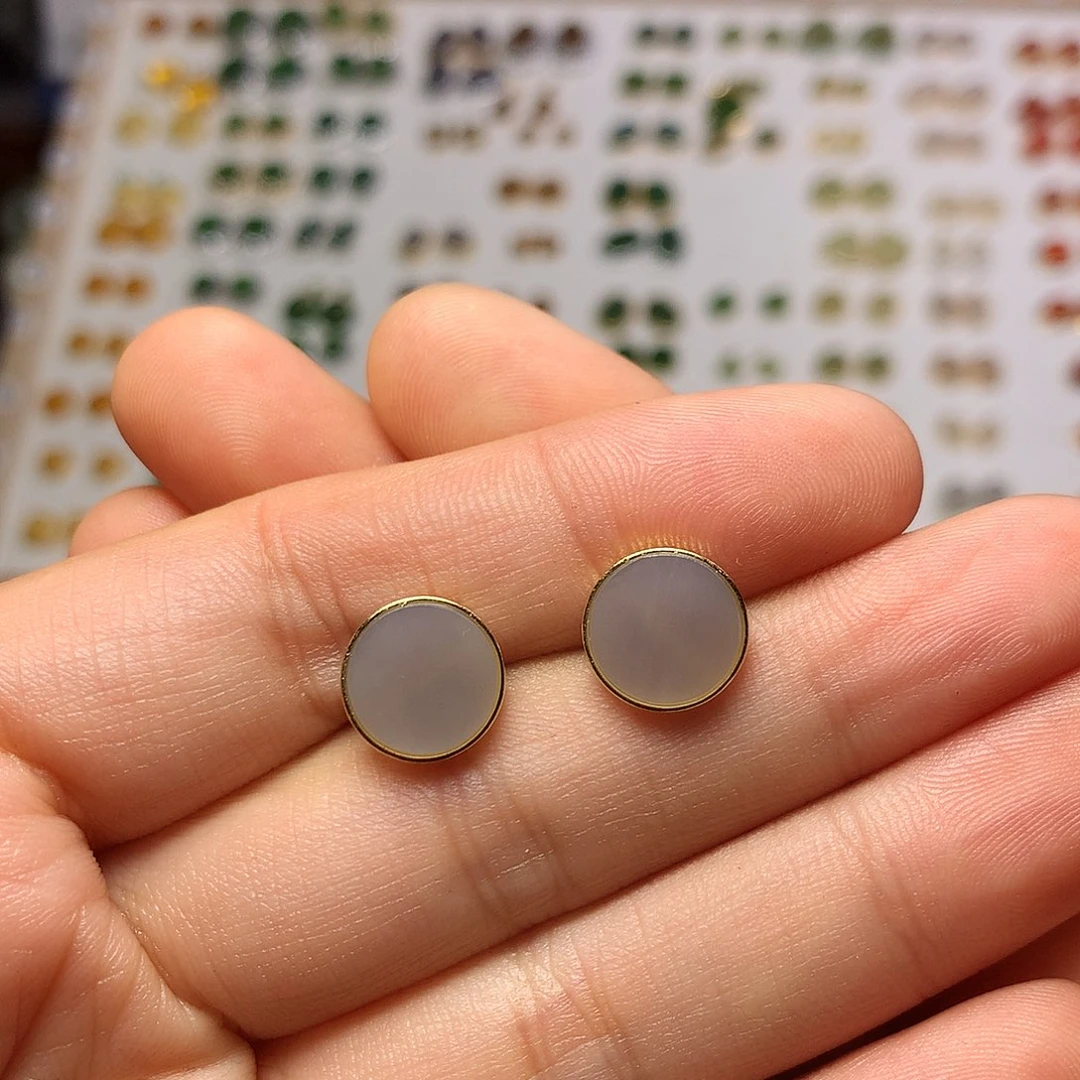 银S925镀金镶嵌和田玉（白玉）耳饰突***兔