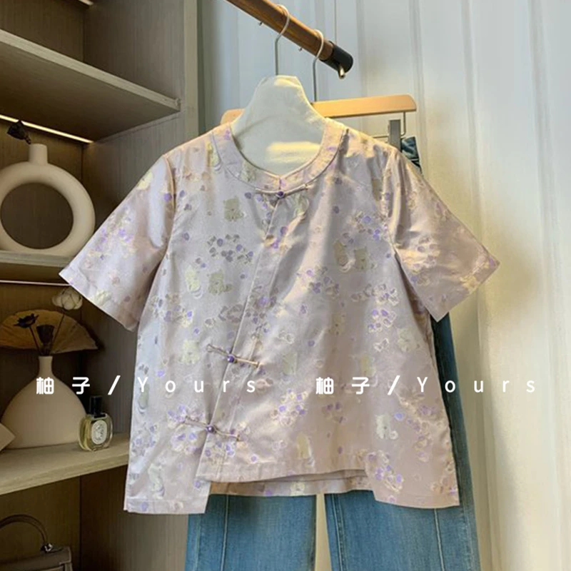 柚子yours【猫咪日记】100桑蚕丝织金异色罗斜襟非遗大漆扣上衣女