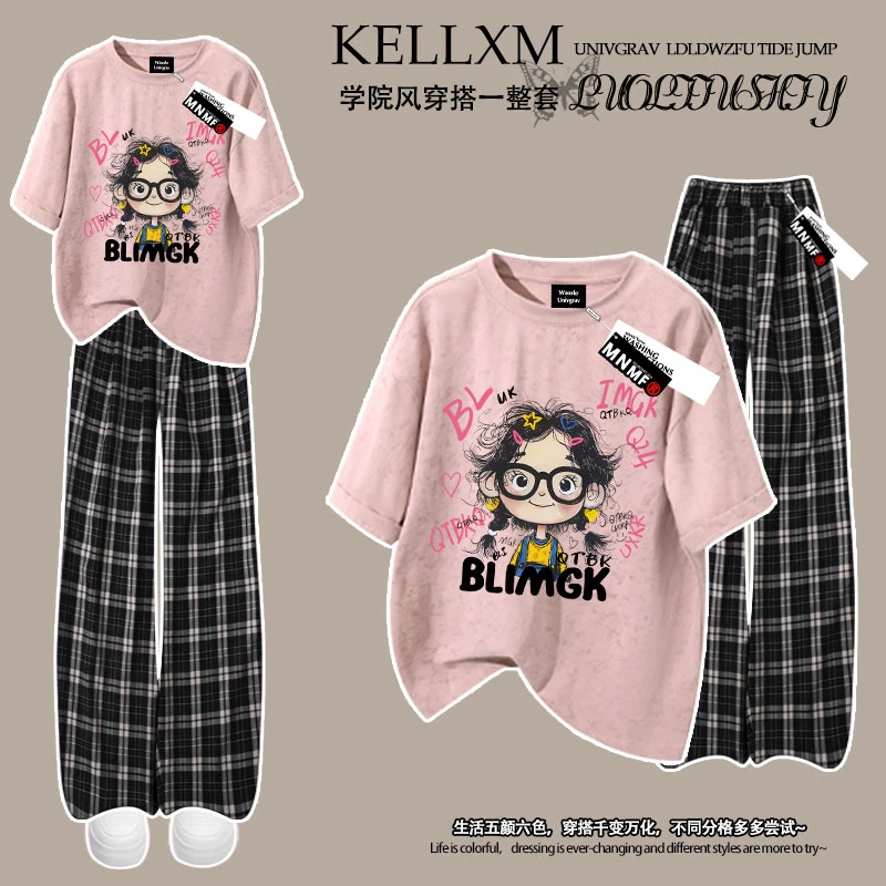 新款可爱洋气卷毛小女孩印花夏季女童套装纯棉扎染短袖T恤格子裤