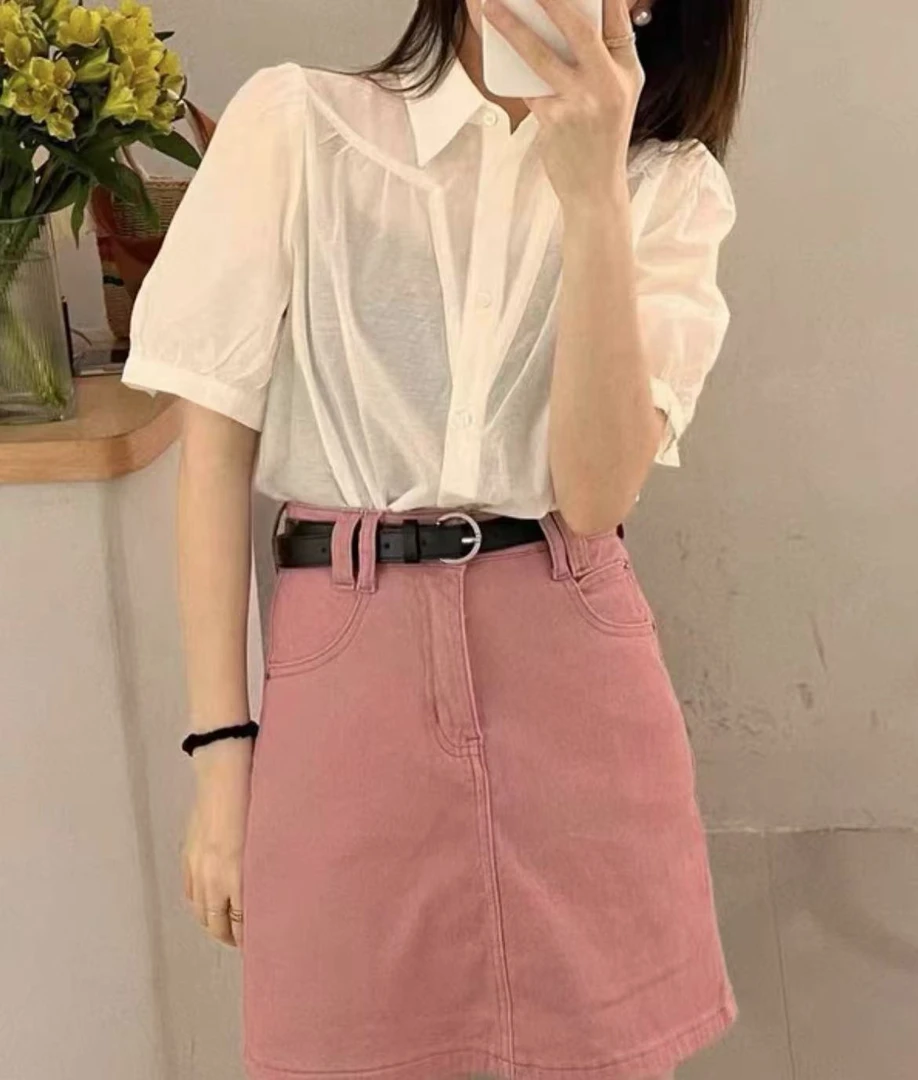 93030#纯色净版短袖衬衫女洋气百搭时尚气质宽松夏季显瘦