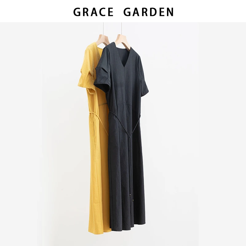 GRACE GARDEN【黄亦玫！】V领系带收腰百搭泡泡袖连衣裙DR4F2010