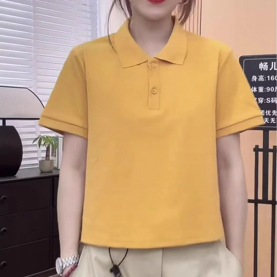 正肩polo领黄色短袖t恤女夏季宽松体恤2025新款百搭显瘦气质上衣