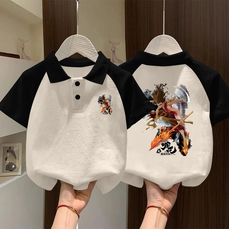 男孩子时尚哪吒男童POLO衫短袖T恤夏季拼接半袖翻领薄款上衣T恤