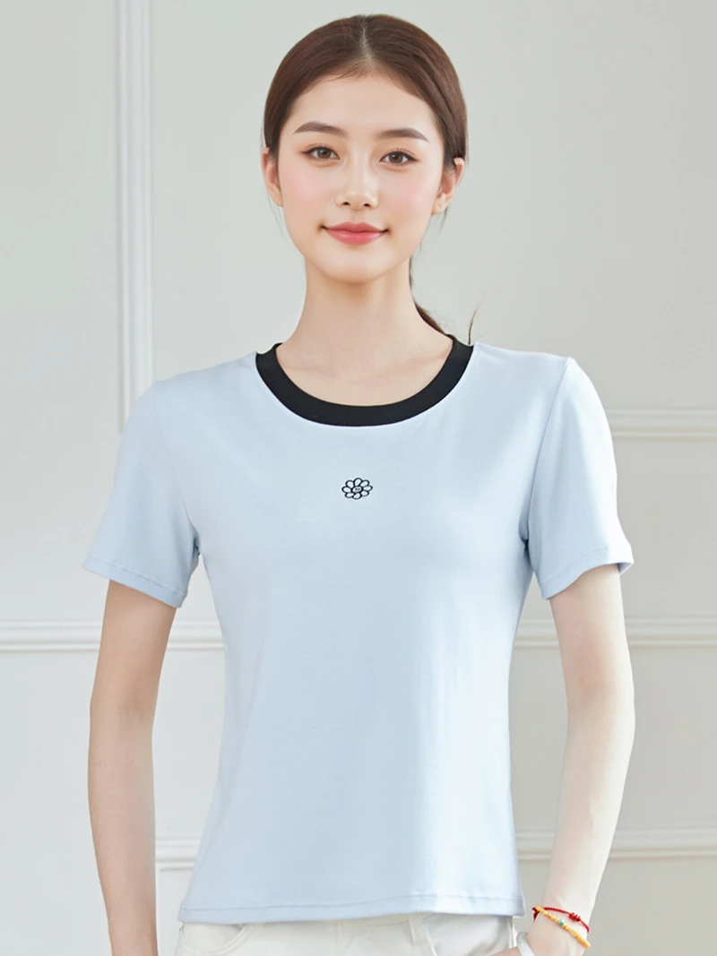 莱赛尔面料小雏菊太阳花绣花撞色圆领短袖女士上衣2025夏日新款