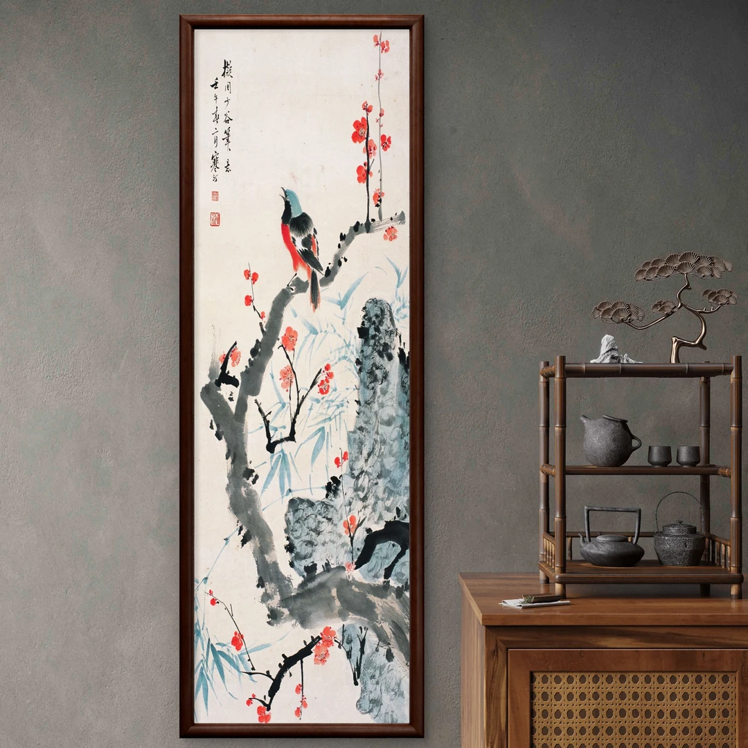 9937-40*120喜上眉梢中式装饰画实木框玄关书房茶室客厅挂画