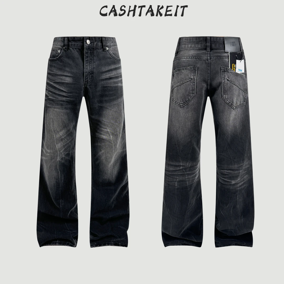 bootcut弯刀闪电黑牛“手工压皱猫须”复古做旧微喇牛仔裤cleanfit
