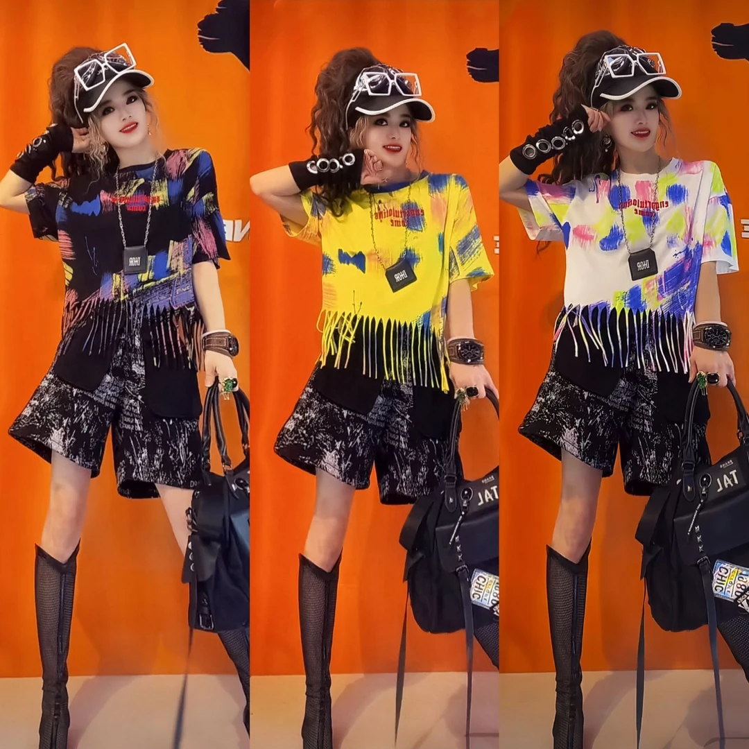 欧洲站潮流2025夏季新款印花时尚个性宽松圆领下摆流苏T恤女