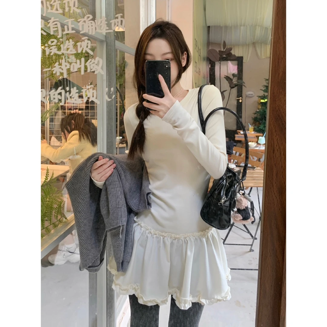 Y1096柔软撞色花褶下摆修身显瘦叠穿打底裙女外穿百搭长袖连衣裙