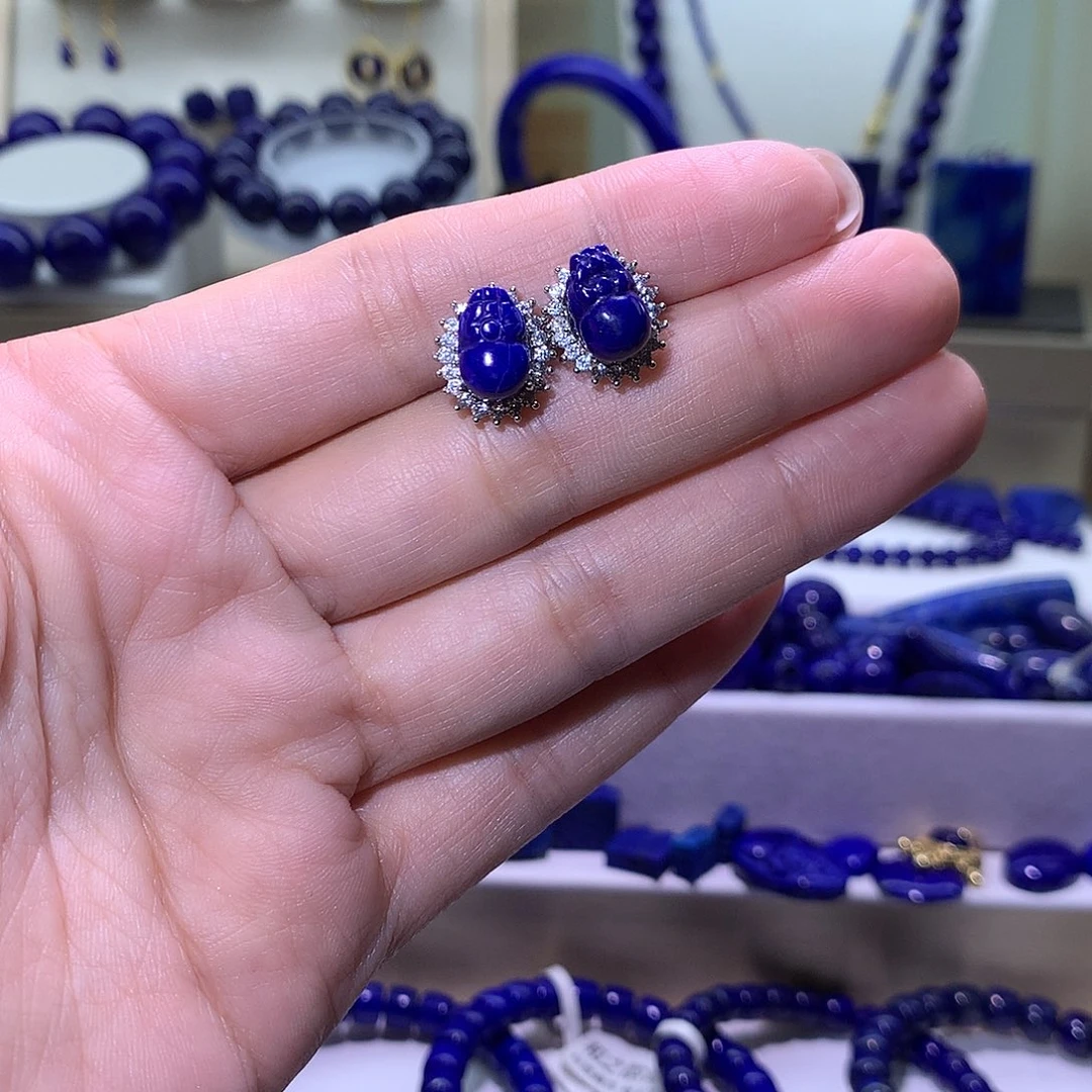 青金石合金天然原矿耳钉