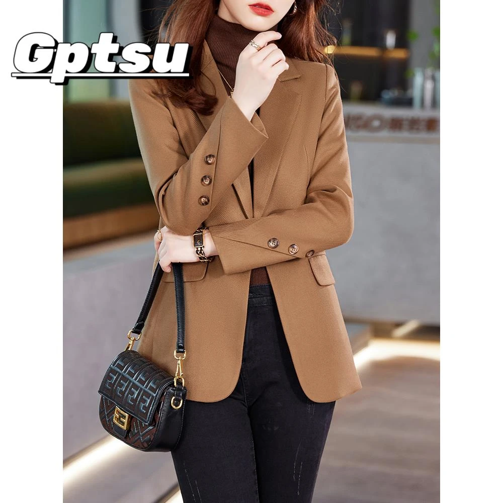 GPTSu咖色休闲小西装外套2025新款高级感女士小个子修身西服上衣