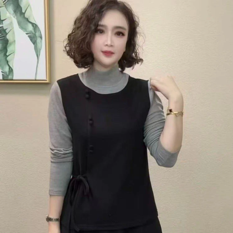 2025款半高领T恤拼接宽松型女士长袖气质纯色女休闲