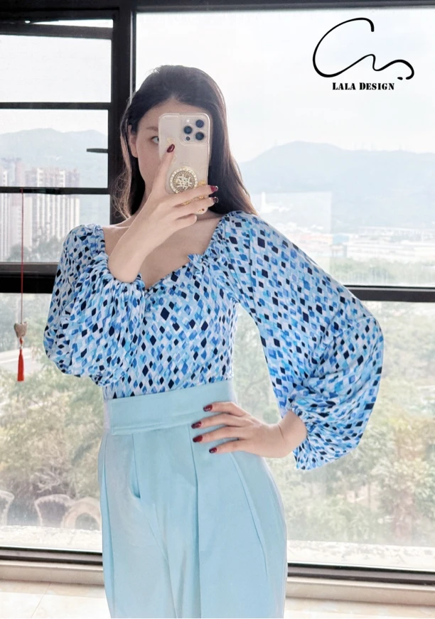 CM摩登舞服断码款上衣《甜美泡泡袖》蓝色凌格精致女士摩登练习服