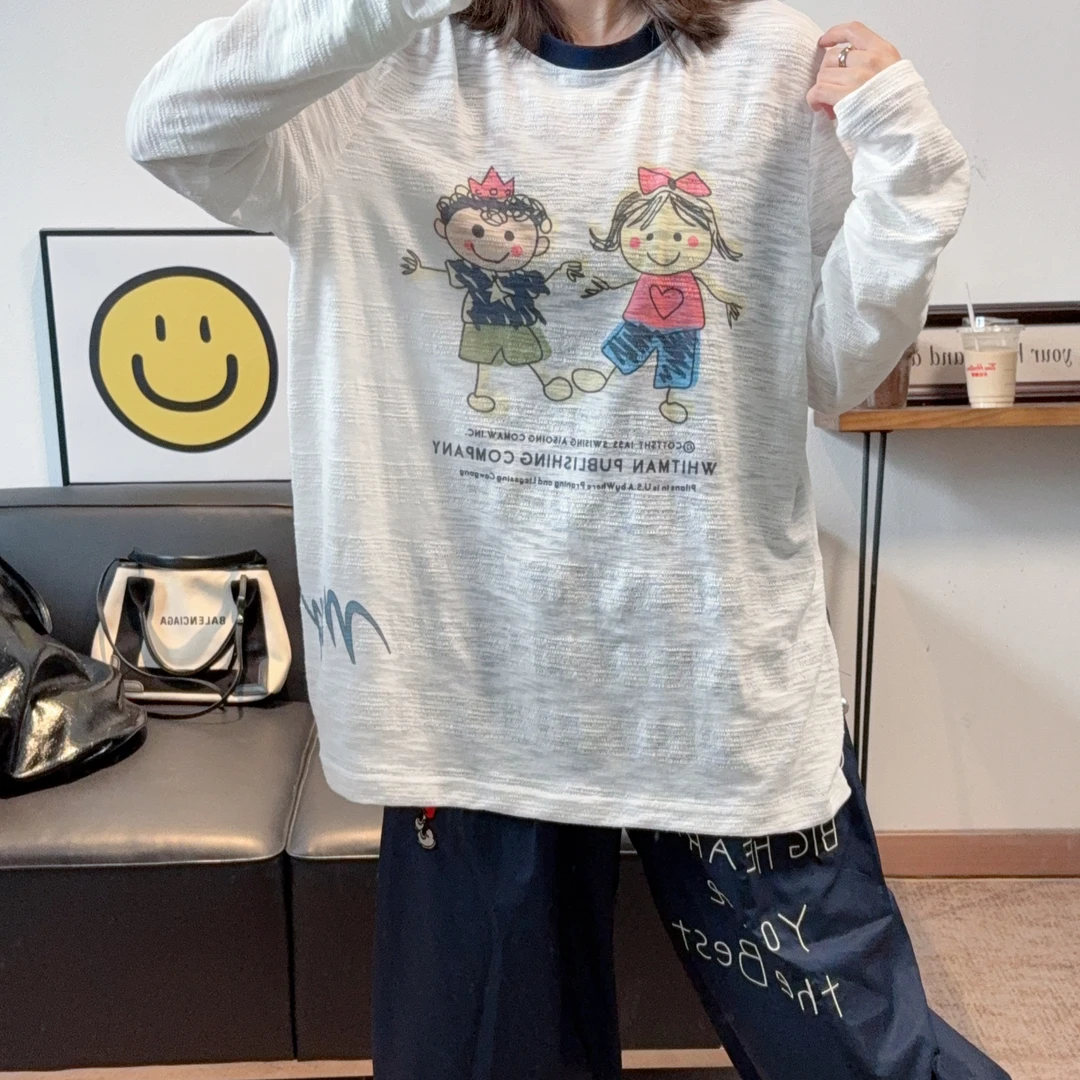 2025新款超洋气白色长袖防晒小女孩T恤女宽松显瘦减龄百搭